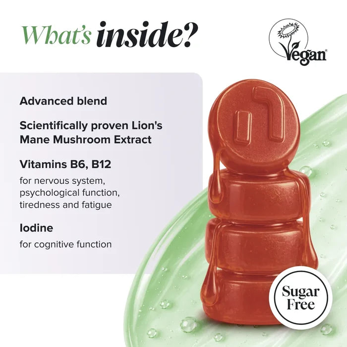 Graphic headed 'What's inside?' with a Vegan Society logo and a sugar free badge, beside a stack of glossy red-brown gummies, listing an advanced blend of scientifically proven lion's mane mushroom extract, vitamins B6 and B12 for nervous system, psychological function and tiredness and fatigue, and iodine for cognitive function.