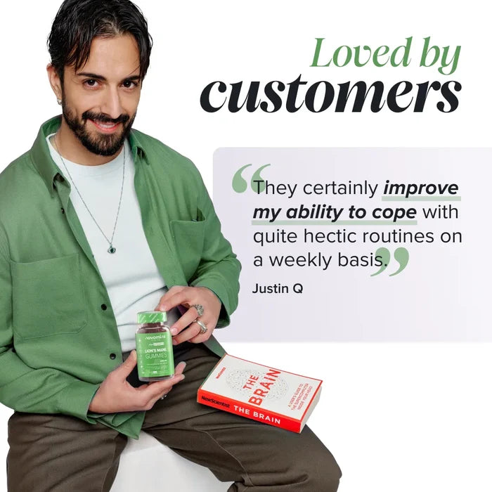 A smiling man in a green shirt holds a bottle of Novomins Lion's Mane Gummies beside a book titled The Brain, with a review from Justin Q headed 'Loved by customers': 'They certainly improve my ability to cope with quite hectic routines on a weekly basis.'