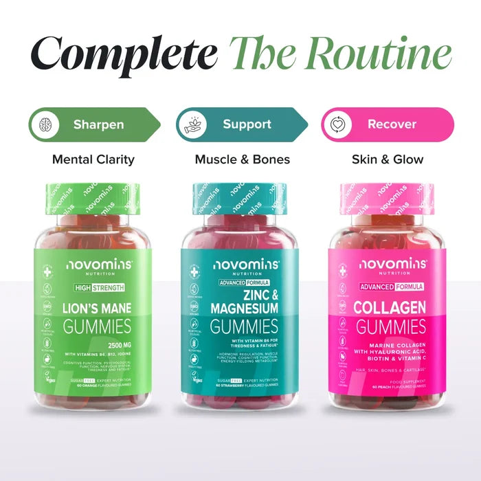 Three bottles headed 'Complete The Routine' - Lion's Mane Gummies labelled Sharpen for mental clarity, Zinc & Magnesium Gummies labelled Support for muscle and bones, and Collagen Gummies labelled Recover for skin and glow.