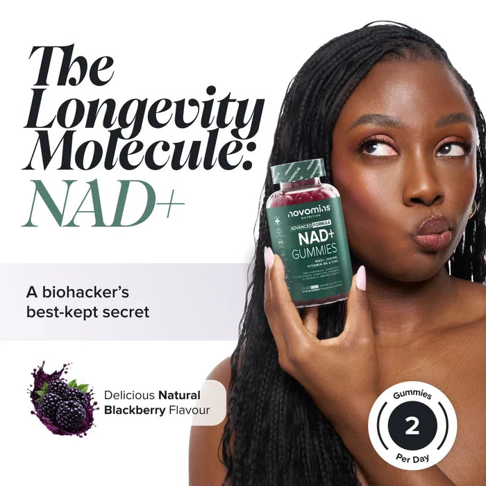 A smiling woman with long braided hair holds a bottle of Novomins NAD+ Gummies to her cheek, headed 'The Longevity Molecule: NAD+' and described as a biohacker's best-kept secret, in a natural blackberry flavour with two gummies per day.