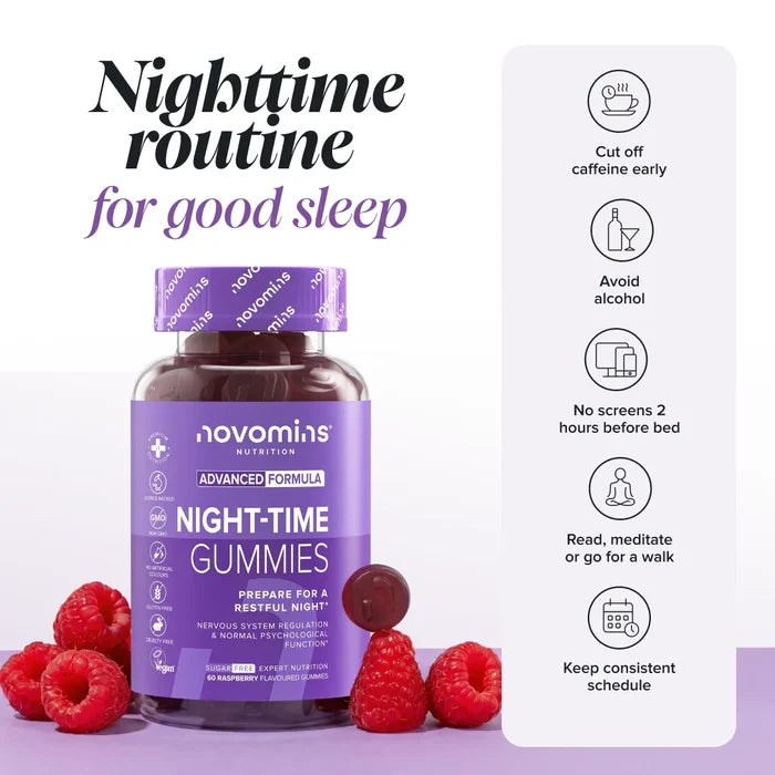 A bottle of Novomins Night-Time Gummies among fresh raspberries, headed 'Nighttime routine for good sleep' with tips to cut off caffeine early, avoid alcohol, have no screens two hours before bed, read, meditate or go for a walk, and keep a consistent schedule.