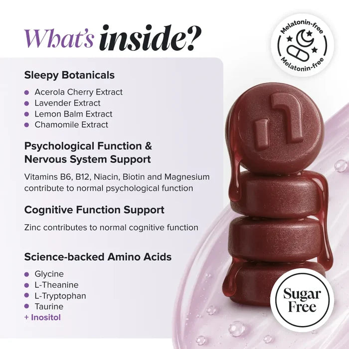 Graphic headed 'What's inside?' with a melatonin-free badge, beside a stack of dark red gummies, listing sleepy botanicals acerola cherry, lavender, lemon balm and chamomile extracts, vitamins B6, B12, niacin, biotin and magnesium for psychological function, zinc for cognitive function, and science-backed amino acids glycine, L-theanine, L-tryptophan, taurine and inositol, with a sugar free badge.