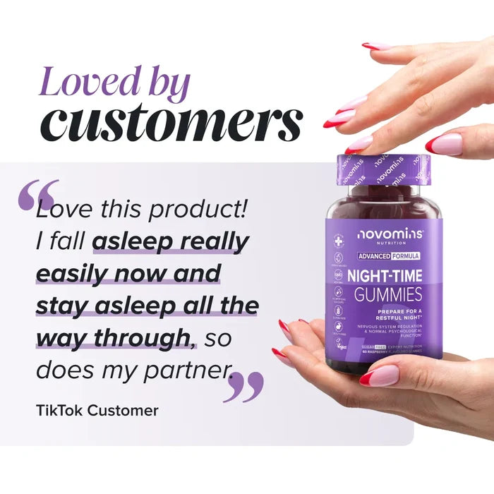 Two hands holding a bottle of Novomins Night-Time Gummies beside a TikTok customer review headed 'Loved by customers': 'Love this product! I fall asleep really easily now and stay asleep all the way through, so does my partner.'
