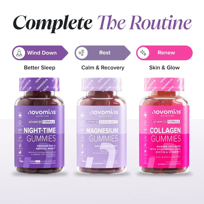 Three bottles headed 'Complete The Routine' - Night-Time Gummies labelled Wind Down for better sleep, Magnesium Gummies labelled Rest for calm and recovery, and Collagen Gummies labelled Renew for skin and glow.