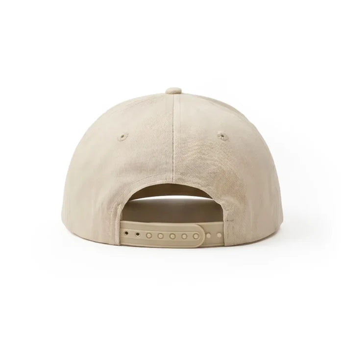 Back view of a cream Novomins baseball cap on a white background, showing the plastic snapback strap and open panel.
