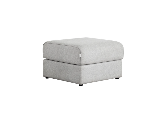 Light grey upholstered ottoman with a square shape and smooth fabric, suitable for living room decor.