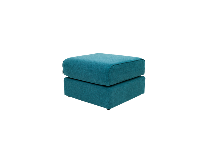 Teal upholstered ottoman with clean lines and a square shape. Simple, modern design suitable for living room or lounge space.
