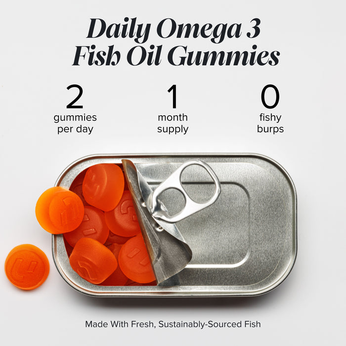 Open sardine-style tin filled with orange gummies and a can opener, with stats '2 gummies per day, 1 month supply, 0 fishy burps.' Headline 'Daily Omega 3 Fish Oil Gummies' with text 'Made With Fresh, Sustainably-Sourced Fish.'