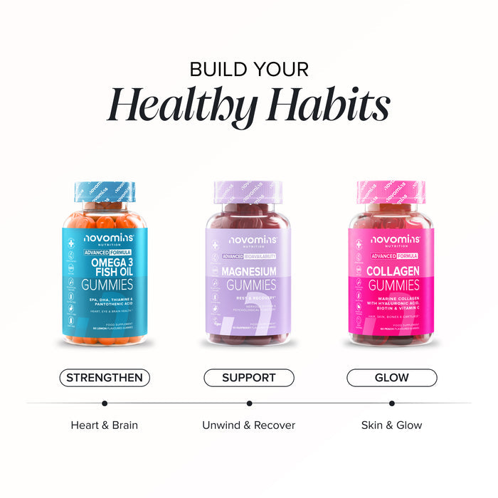 Three Novomins gummy bottles side by side — blue Omega 3 Fish Oil, purple Magnesium, and pink Collagen — under headline 'Build Your Healthy Habits,' labelled Strengthen (Heart & Brain), Support (Unwind & Recover), and Glow (Skin & Glow).