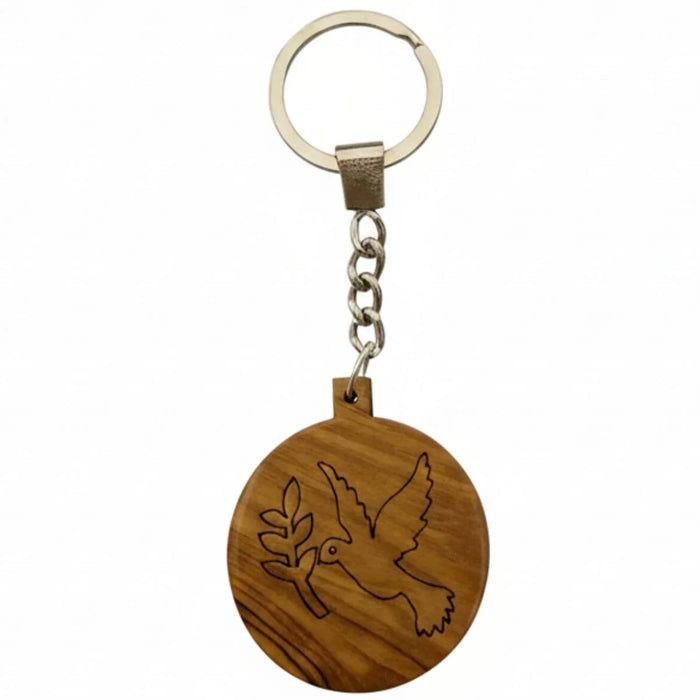 Wooden keychain with a bird design on a white background