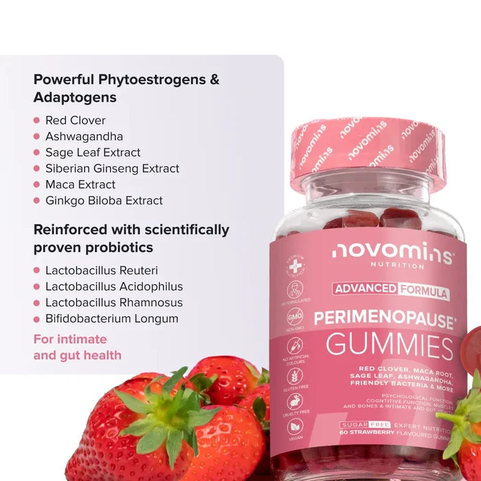 A bottle of Novomins Perimenopause Gummies among fresh strawberries, beside a list of powerful phytoestrogens and adaptogens - red clover, ashwagandha, sage leaf extract, Siberian ginseng extract, maca extract and ginkgo biloba extract - and scientifically proven probiotics Lactobacillus reuteri, Lactobacillus acidophilus, Lactobacillus rhamnosus and Bifidobacterium longum for intimate and gut health.