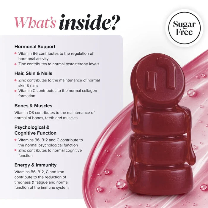 Graphic headed 'What's inside?' with a sugar free badge, beside a stack of glossy dark red gummies, grouping benefits into hormonal support from vitamin B6 and zinc, hair, skin and nails from zinc and vitamin C, bones and muscles from vitamin D3, psychological and cognitive function from vitamins B6, B12 and C and zinc, and energy and immunity from vitamins B6, B12, C and iron.