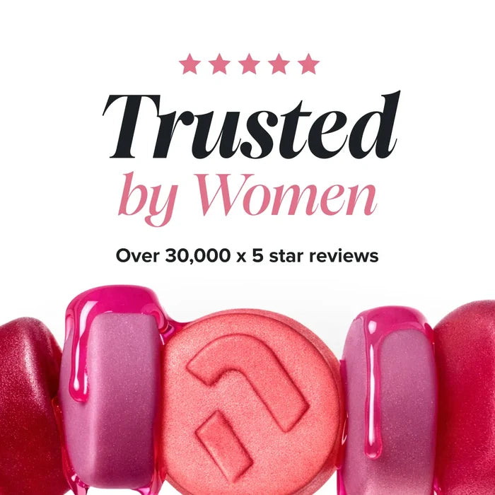 A row of glossy pink and red gummies with dripping syrup, beneath a five star rating and the heading 'Trusted by Women, over 30,000 x 5 star reviews'.