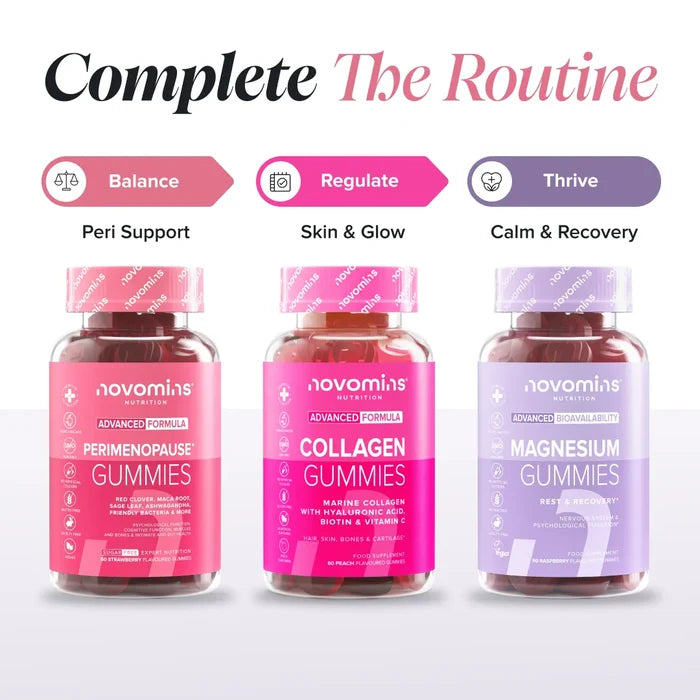 Three bottles headed 'Complete The Routine' - Perimenopause Gummies labelled Balance for peri support, Collagen Gummies labelled Regulate for skin and glow, and Magnesium Gummies labelled Thrive for calm and recovery.