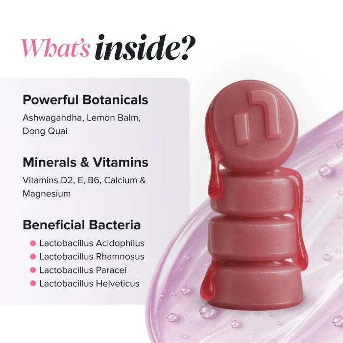 Graphic headed 'What's inside?' beside a stack of glossy dark pink gummies, listing powerful botanicals ashwagandha, lemon balm and dong quai, minerals and vitamins D2, E, B6, calcium and magnesium, and beneficial bacteria Lactobacillus acidophilus, Lactobacillus rhamnosus, Lactobacillus paracasei and Lactobacillus helveticus.