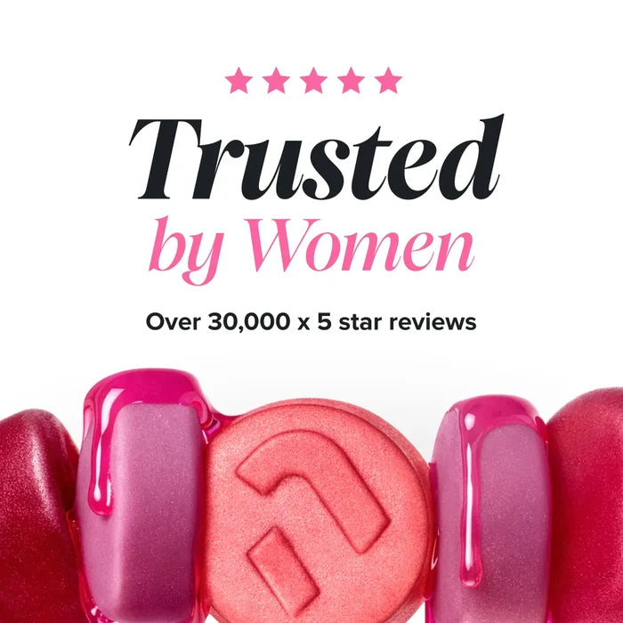 A row of glossy pink and red gummies with dripping syrup, beneath a five star rating and the heading 'Trusted by Women, over 30,000 x 5 star reviews'.