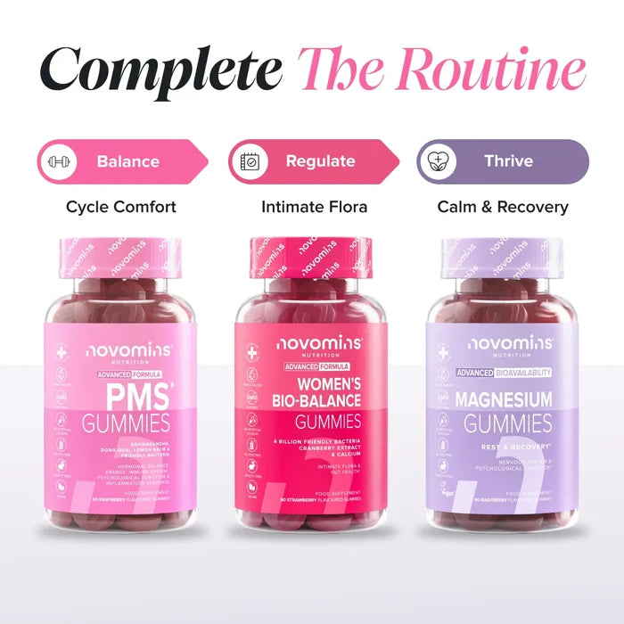 Three bottles headed 'Complete The Routine' - PMS Gummies labelled Balance for cycle comfort, Women's Bio-Balance Gummies labelled Regulate for intimate flora, and Magnesium Gummies labelled Thrive for calm and recovery.