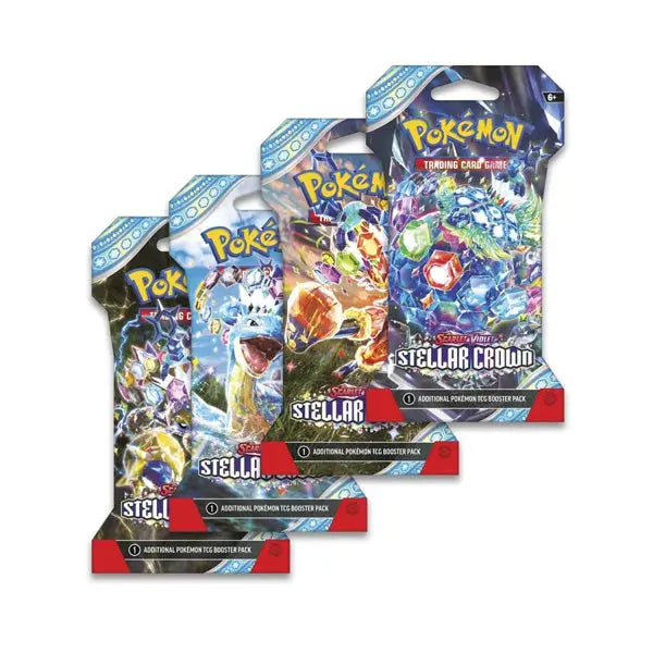 Scarlet and Violet Stellar Crown booster pack featuring Pokémon trading card game artwork with colorful gem designs