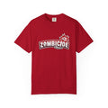 Red Zombicide 2nd Edition graphic T-shirt by Printify with skull and explosion design
