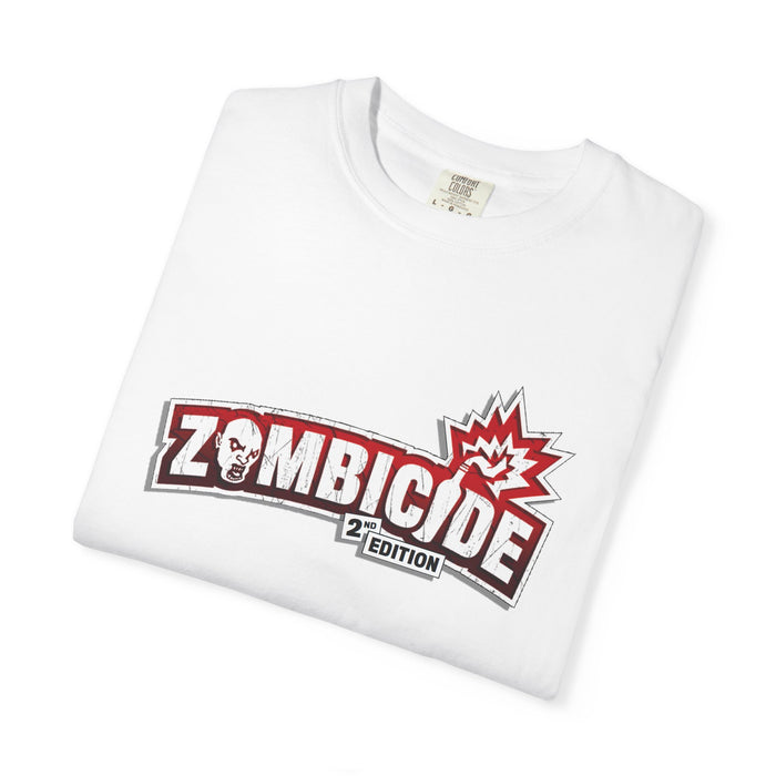White Printify t-shirt featuring a red and black Zombicide 2nd Edition graphic design