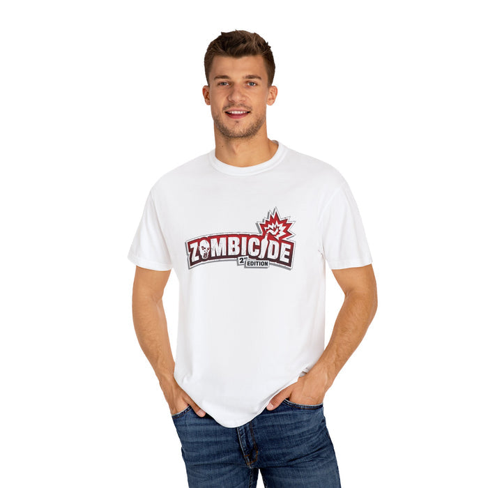 White Printify T-shirt with Zombicide 2 Edition graphic worn by smiling male model