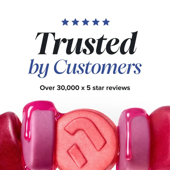 A row of glossy pink and red gummies with dripping syrup, beneath a five star rating and the heading 'Trusted by Customers, over 30,000 x 5 star reviews'.