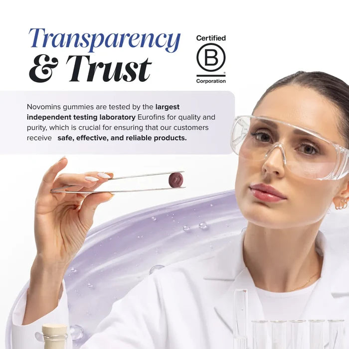 A scientist in a white coat and safety glasses holds a round dark red gummy with tweezers beside text headed 'Transparency & Trust', explaining that Novomins gummies are tested by the largest independent testing laboratory Eurofins for quality and purity, with a Certified B Corporation logo.