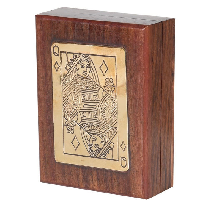 A rectangular wooden box with a polished reddish-brown wood grain finish, featuring an inset gold-toned plaque depicting a Queen of Clubs playing card design, shown on a plain white background.