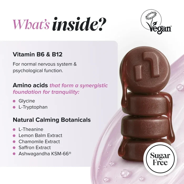 Graphic headed 'What's inside?' with a Vegan Society logo and a sugar free badge, beside a stack of glossy brown gummies, listing vitamins B6 and B12 for normal nervous system and psychological function, amino acids glycine and L-tryptophan, and natural calming botanicals L-theanine, lemon balm extract, chamomile extract, saffron extract and ashwagandha KSM-66.