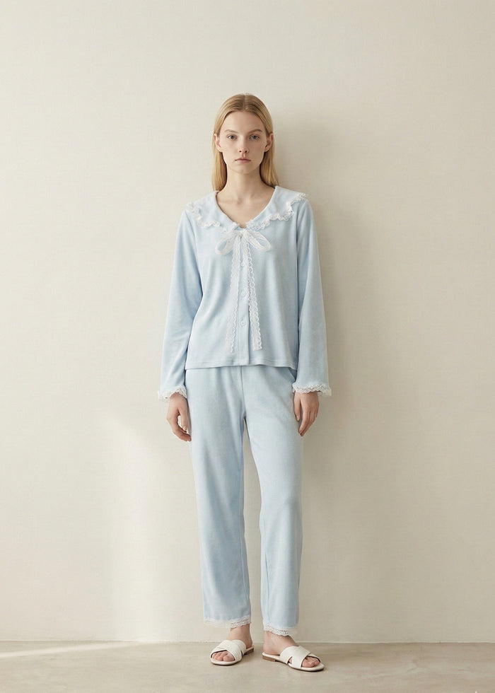 - Ever Lasting - Rosy Velvet Coquette Lace Pajama Set / Blue - Pajamas - Ever Lasting