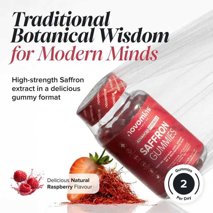A bottle of Novomins Saffron Gummies lying on its side wrapped in sheer fabric, with saffron threads and a raspberry beside it, headed 'Traditional Botanical Wisdom for Modern Minds' with high-strength saffron extract, natural raspberry flavour and two gummies per day.
