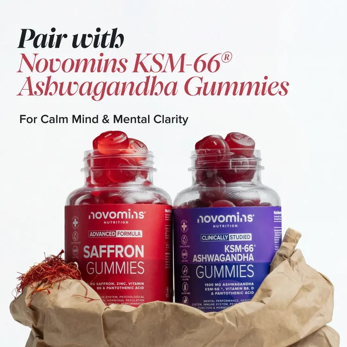 Two open bottles of Novomins Saffron Gummies and KSM-66 Ashwagandha Gummies resting in a paper bag with saffron threads, headed 'Pair with Novomins KSM-66 Ashwagandha Gummies for calm mind and mental clarity'.