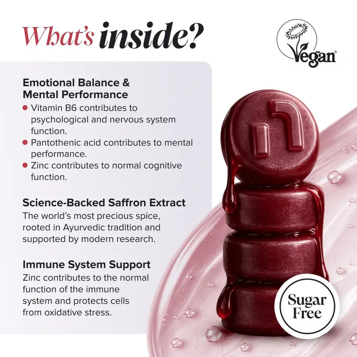 Graphic headed 'What's inside?' with a Vegan Society logo and a sugar free badge, beside a stack of glossy dark red gummies, listing emotional balance and mental performance from vitamin B6, pantothenic acid and zinc, science-backed saffron extract described as the world's most precious spice rooted in Ayurvedic tradition, and immune system support from zinc.