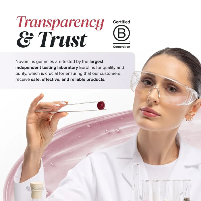 A scientist in a white coat and safety glasses holds a round dark red gummy with tweezers beside text headed 'Transparency & Trust', explaining that Novomins gummies are tested by the largest independent testing laboratory Eurofins for quality and purity, with a Certified B Corporation logo.