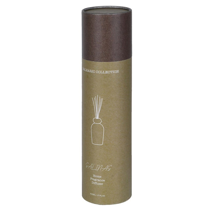 A cylindrical diffuser package from the Salimab Brand Collection, featuring a textured dark brown top and a matte olive-green lower section with a white line drawing of a reed diffuser and text reading 'Salimab' and 'Reed Diffuser'.