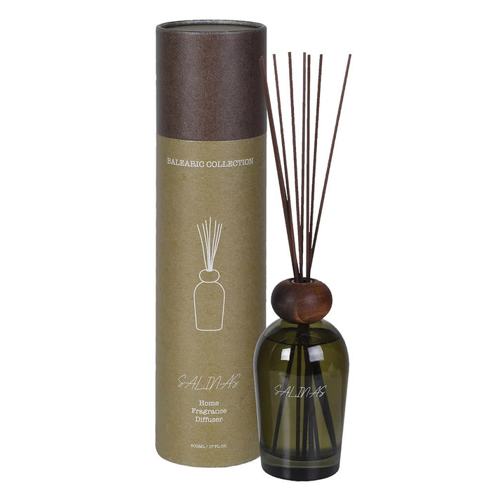 Green diffuser bottle with wooden cap and cylindrical packaging on a white background