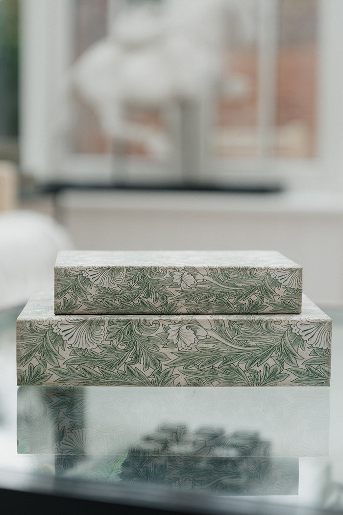 Two rectangular boxes stacked on top of each other, featuring a green botanical pattern on a light beige background, displayed on a reflective glass surface in a softly blurred indoor setting.