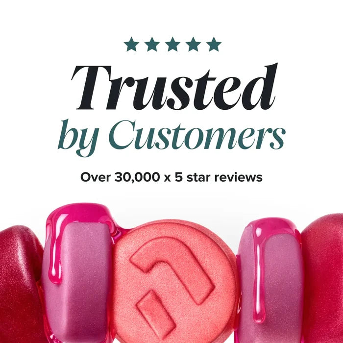 A row of glossy pink and red gummies with dripping syrup, beneath a five star rating and the heading 'Trusted by Customers, over 30,000 x 5 star reviews'.