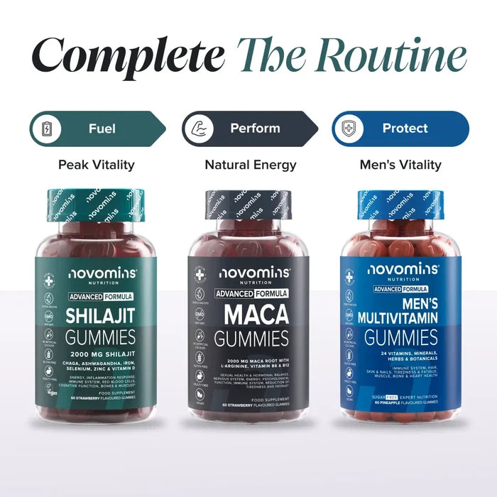 Three bottles headed 'Complete The Routine' - Shilajit Gummies labelled Fuel for peak vitality, Maca Gummies labelled Perform for natural energy, and Men's Multivitamin Gummies labelled Protect for men's vitality.