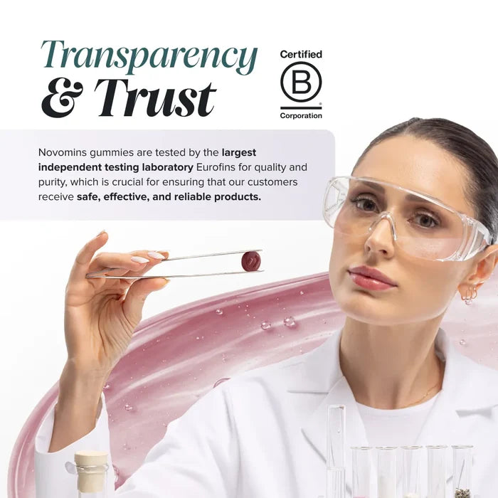 A scientist in a white coat and safety glasses holds a round dark red gummy with tweezers beside text headed 'Transparency & Trust', explaining that Novomins gummies are tested by the largest independent testing laboratory Eurofins for quality and purity, with a Certified B Corporation logo.
