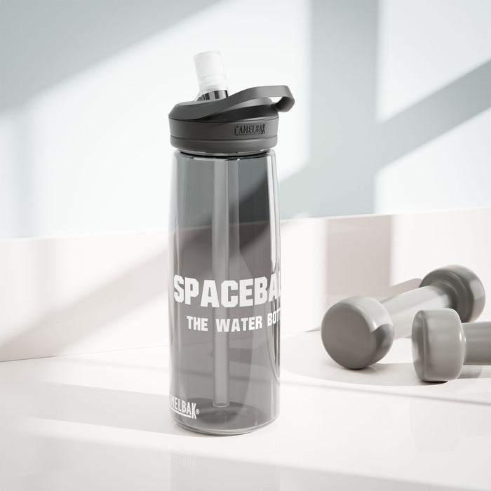 Spaceballs water bottle by Printify clear black sports bottle with straw and gray lid next to gray dumbbells