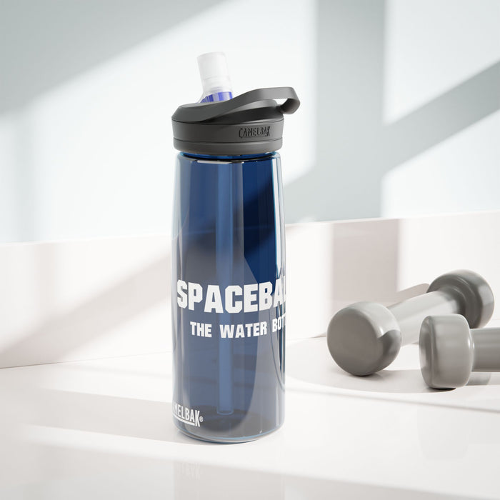 Printify Spaceballs water bottle in blue with black lid next to gray dumbbells on white surface