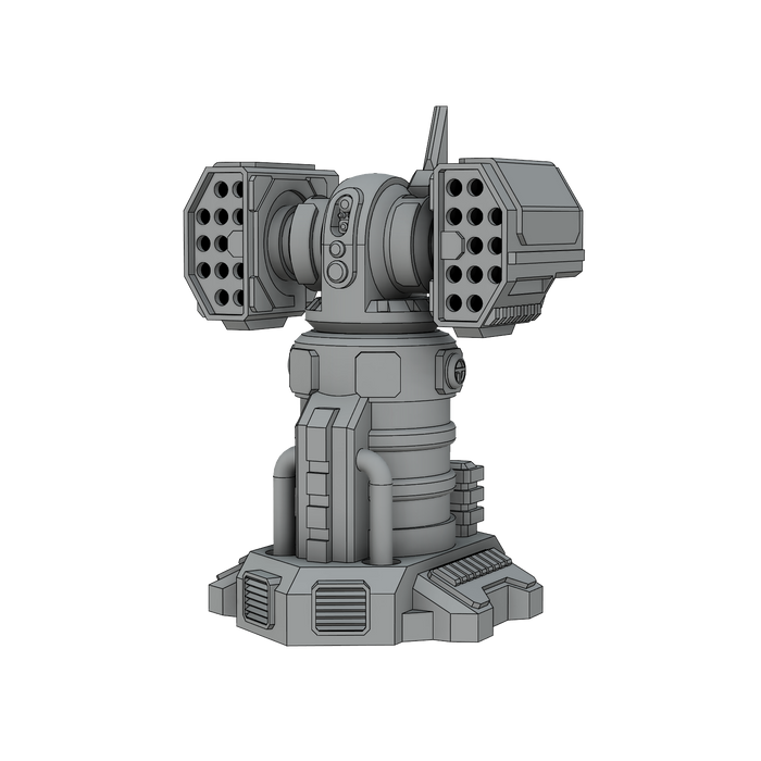 3D printed Stheno missile turret model by Cross Electric Designs in gray detailed design