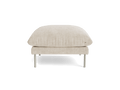 Beige ottoman with plush cushion, metal legs; modern, minimalist design. Ideal for living room furniture and decor.