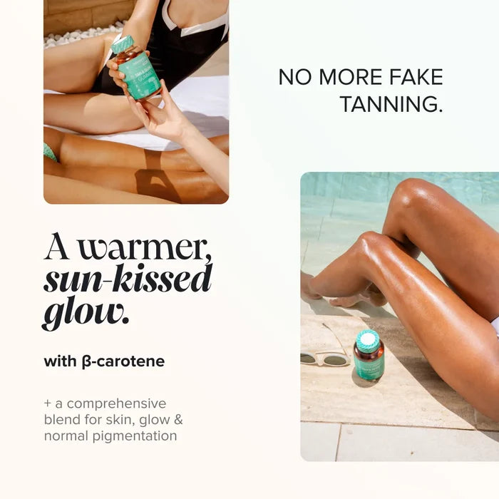 Two photos of tanned legs by a pool, one with a hand holding a bottle of Novomins Tan & Glow Gummies, beside the headings 'No more fake tanning' and 'A warmer, sun-kissed glow with beta-carotene, plus a comprehensive blend for skin, glow and normal pigmentation'.