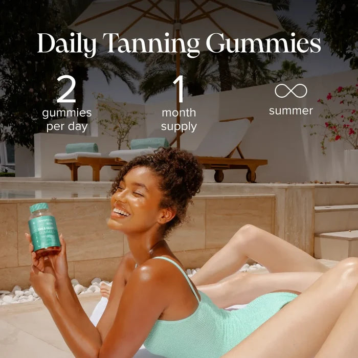 A smiling woman in a mint swimsuit sunbathes by a pool holding a bottle of Novomins Tan & Glow Gummies, beneath the heading 'Daily Tanning Gummies' with two gummies per day, one month supply and endless summer.