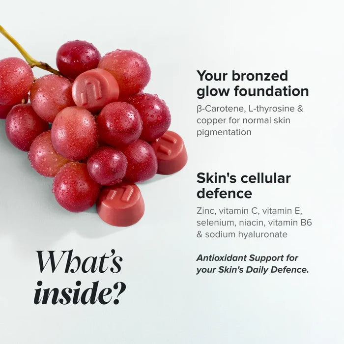 Graphic headed 'What's inside?' with red gummies among a bunch of red grapes, listing your bronzed glow foundation of beta-carotene, L-tyrosine and copper for normal skin pigmentation, and skin's cellular defence from zinc, vitamin C, vitamin E, selenium, niacin, vitamin B6 and sodium hyaluronate, described as antioxidant support for your skin's daily defence.