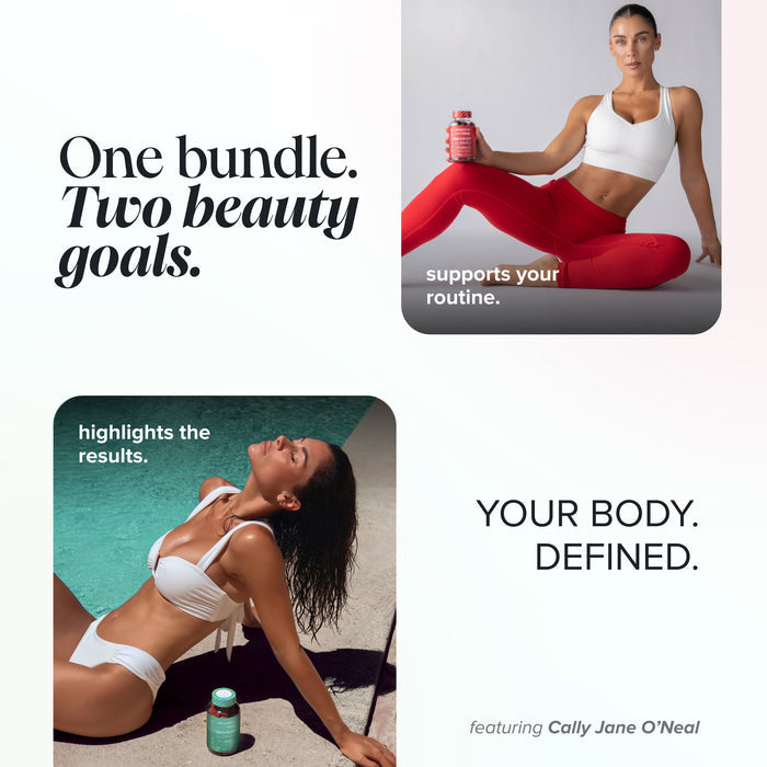 Graphic headed 'One bundle. Two beauty goals.' with two photos of Cally Jane O'Neal - one in red leggings holding Tone & Sculpt Gummies labelled 'supports your routine', one sunbathing by a pool with Tan & Glow Gummies labelled 'highlights the results' - beside the words 'Your body. Defined.'