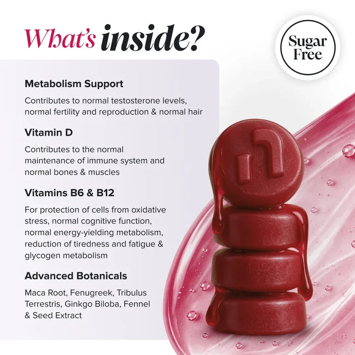 Graphic headed 'What's inside?' with a sugar free badge, beside a stack of glossy dark red gummies, listing metabolism support contributing to normal testosterone levels, fertility and reproduction and normal hair, vitamin D for immune system, bones and muscles, vitamins B6 and B12 for protection of cells from oxidative stress, cognitive function and energy metabolism, and advanced botanicals maca root, fenugreek, tribulus terrestris, ginkgo biloba and fennel seed extract.