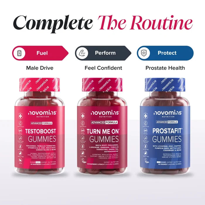 Three bottles headed 'Complete The Routine' - TestoBoost Gummies labelled Fuel for male drive, Turn Me On Gummies labelled Perform for feel confident, and ProstaFit Gummies labelled Protect for prostate health.